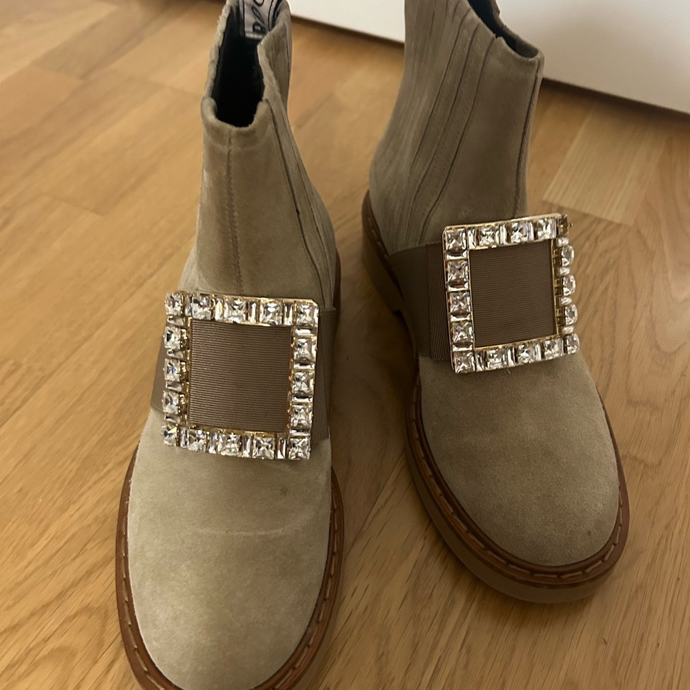Roger Vivier Tan Ankle Booties with Crystal Buckle